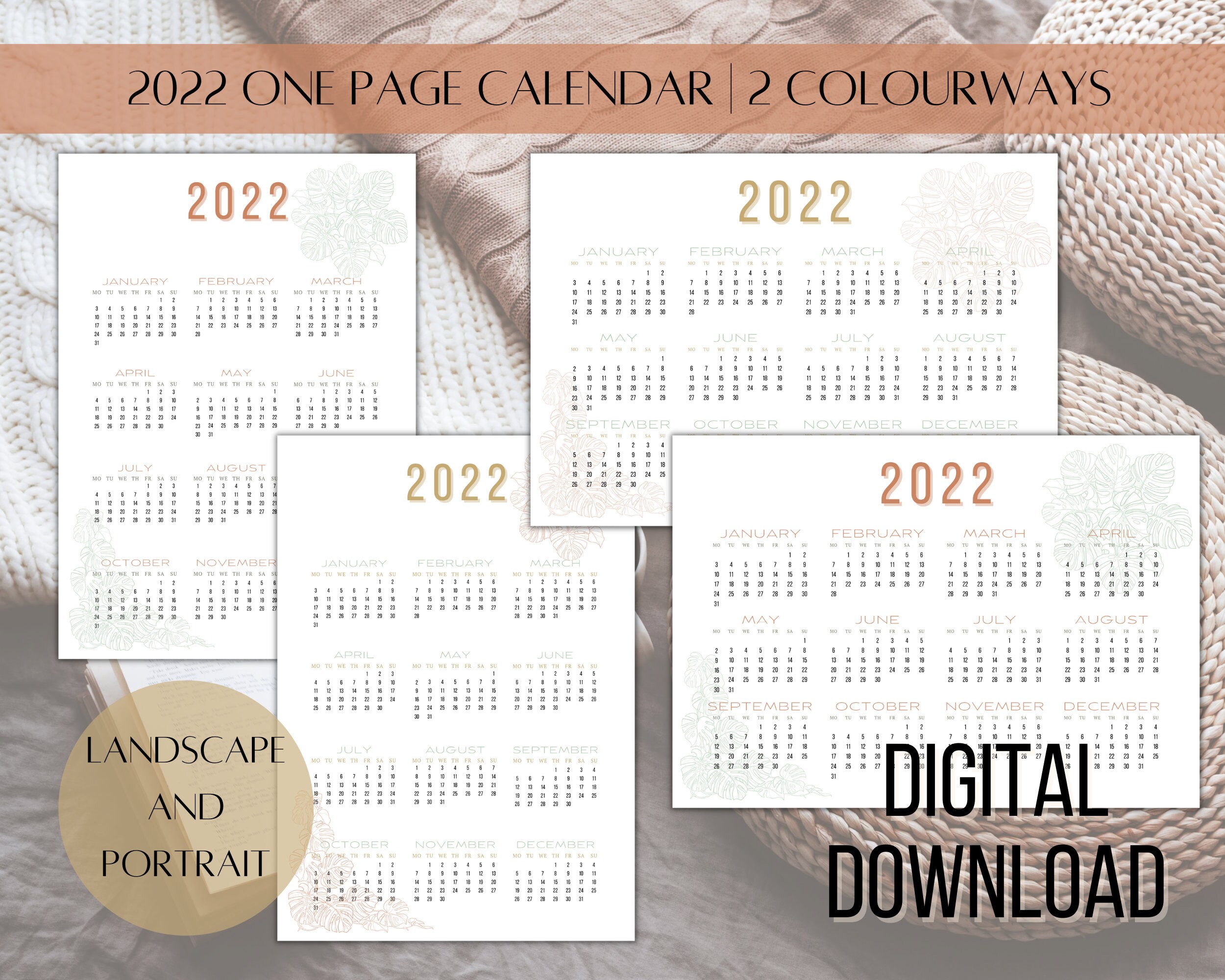2022 one page calendar portrait and landscape boho etsy