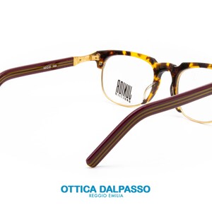 May include: Tortoise shell eyeglasses with gold metal accents and burgundy striped arms. The brand name "ROIMUI" is printed on the lenses.