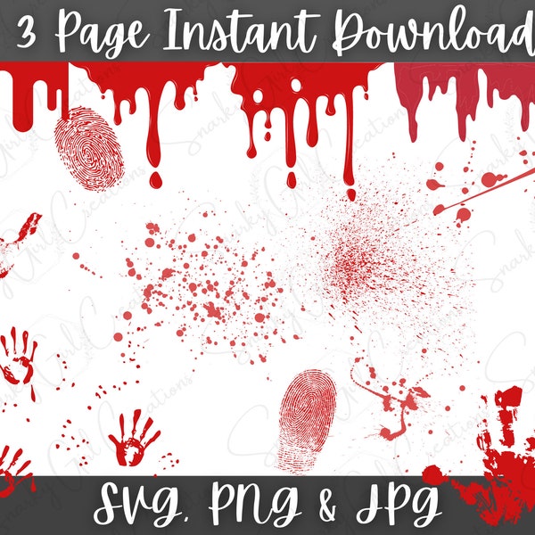 True Crime Horror Serial Killer Blood Drips, Splatter & Handprint Bundle Files en SVG PNG JPG