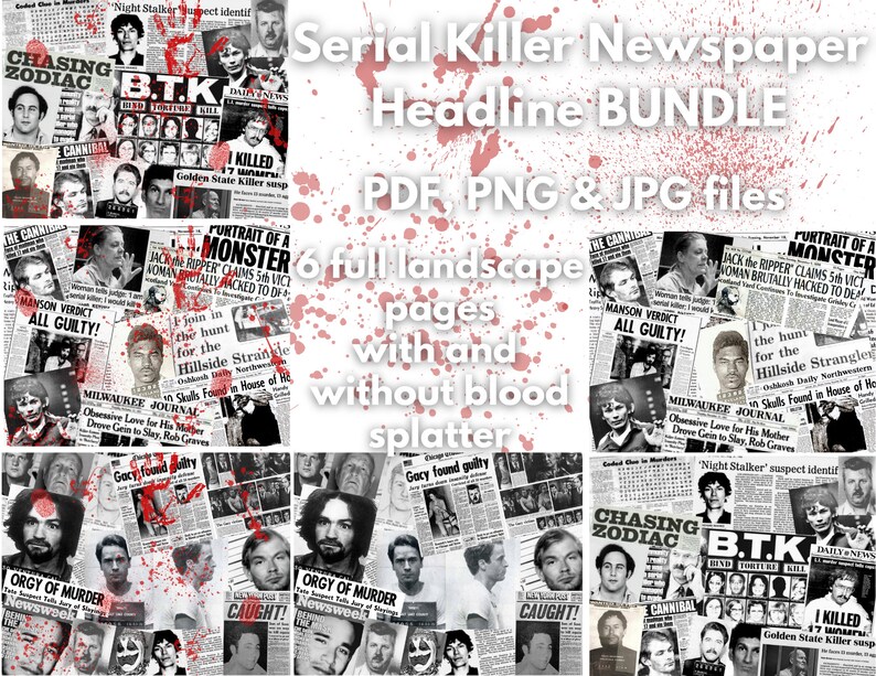 Archivos de recorte de periódico True Crime Serial Killer en paisaje 6 páginas completas