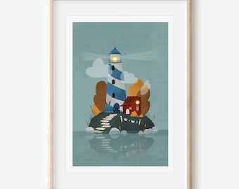 Lighthouse Island Illustration, Wall Art, Lighthouse Print, Wall Decor
