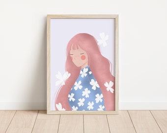 Woman and flowers illustration, Pink girl illustration, Girl print, Wall decoration, Digital Art