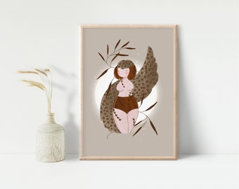 Illustration woman with wings, Illustration flying girl, Print Wings, Wall decoration, Digital Art