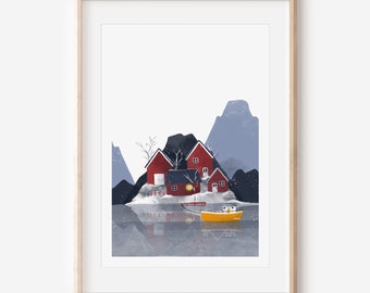 Norway Island Illustration, House Wall Art, Island Print, Wall Decor