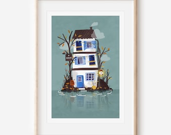 Isla Hostel Illustration, House Wall Art, Isla Print, Wall Decor