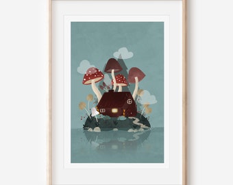 Mushroom Island Illustration, Home Wall Art, Island Print, Wall Decor