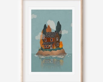 Cabin Island Illustration in Autumn, Home Wall Art, Island Print, Wall Decor