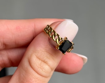 18K Gold Black Onyx Ring, Thick Link Chain Ring, Black Rectangle Crystal Stone, Stacking Ring, Adjustable Resizable Minimalist Open Ring