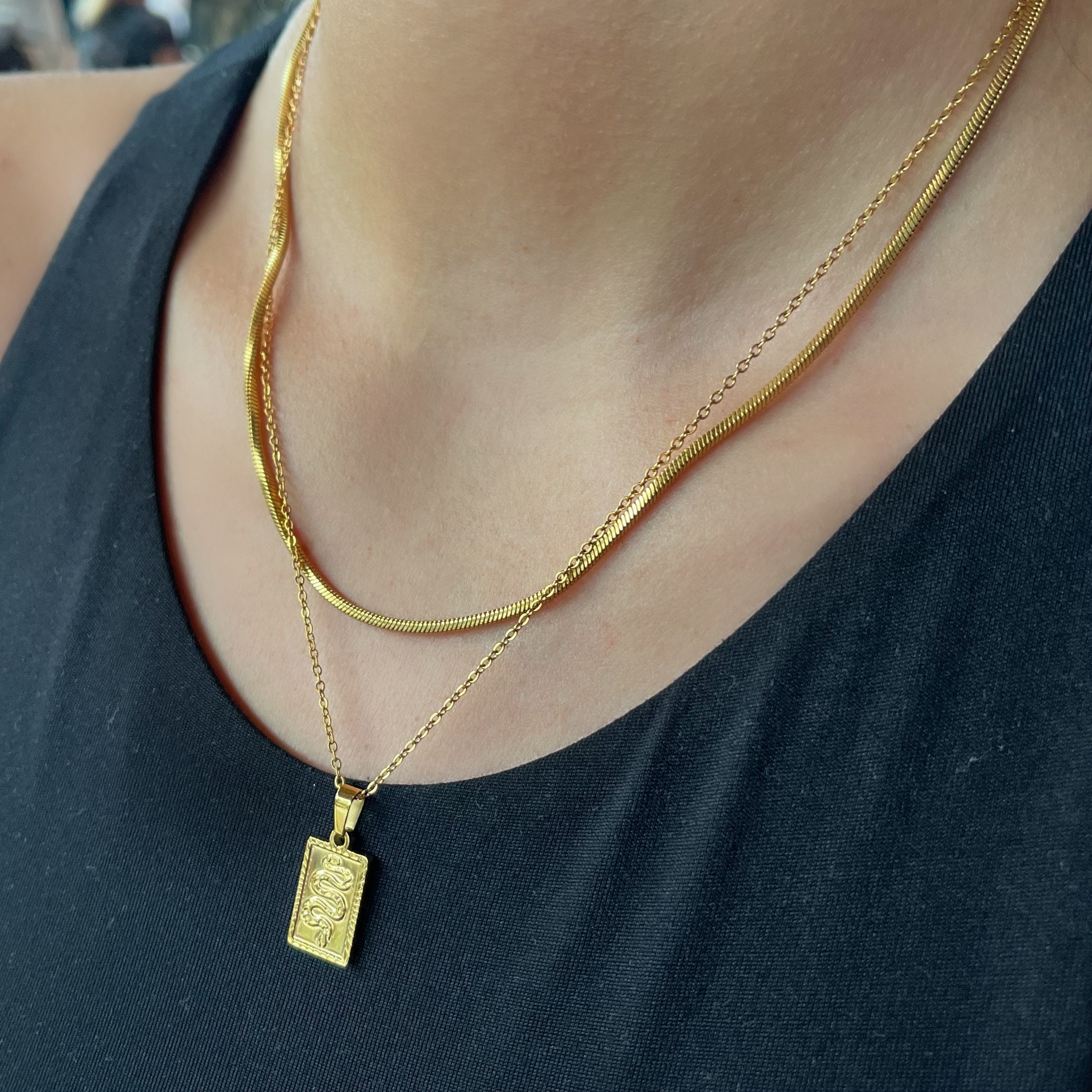18K Gold Snake Charm Square Pendant Necklace, Minimalist