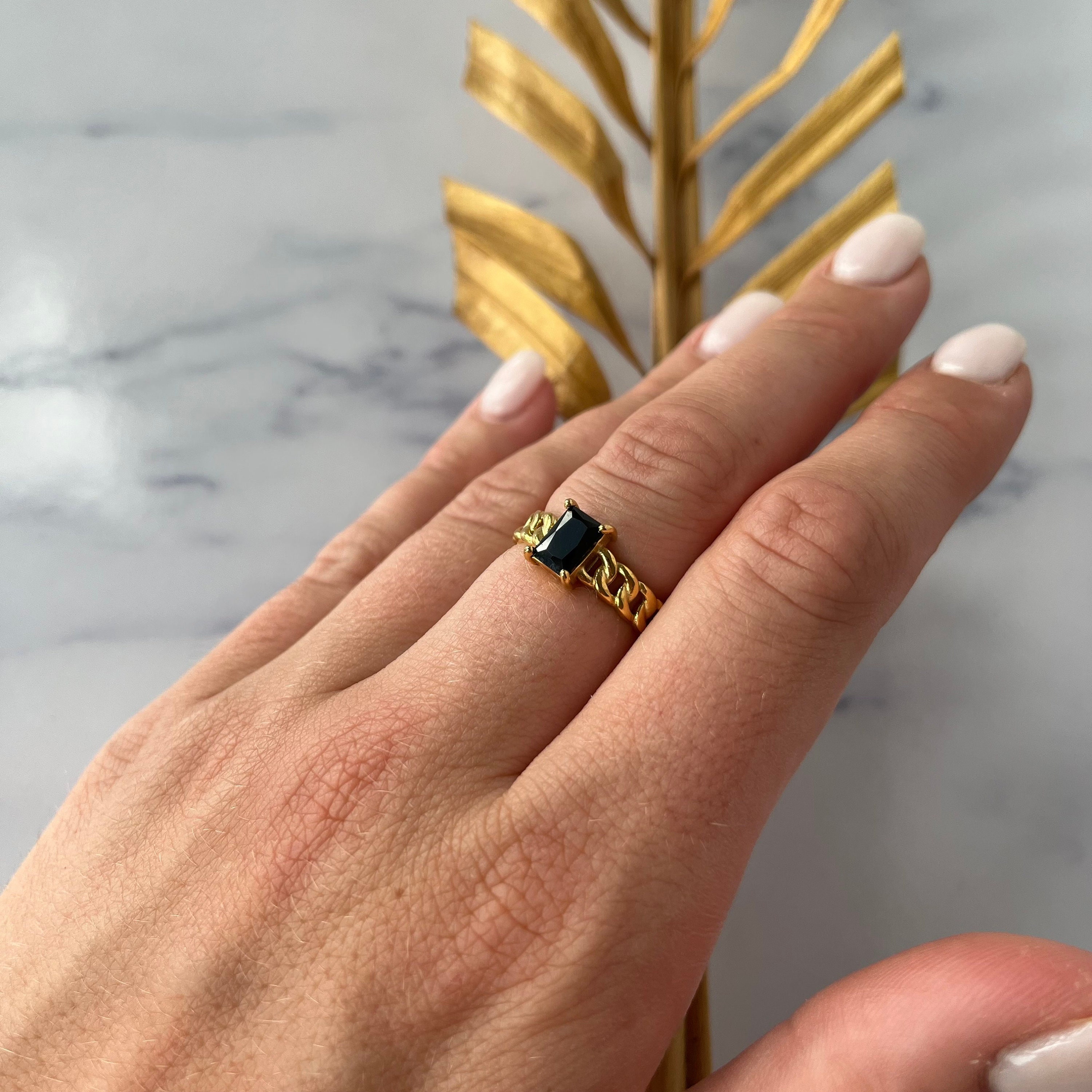18K Gold Black Onyx Ring, Thick Link Chain Ring, Black