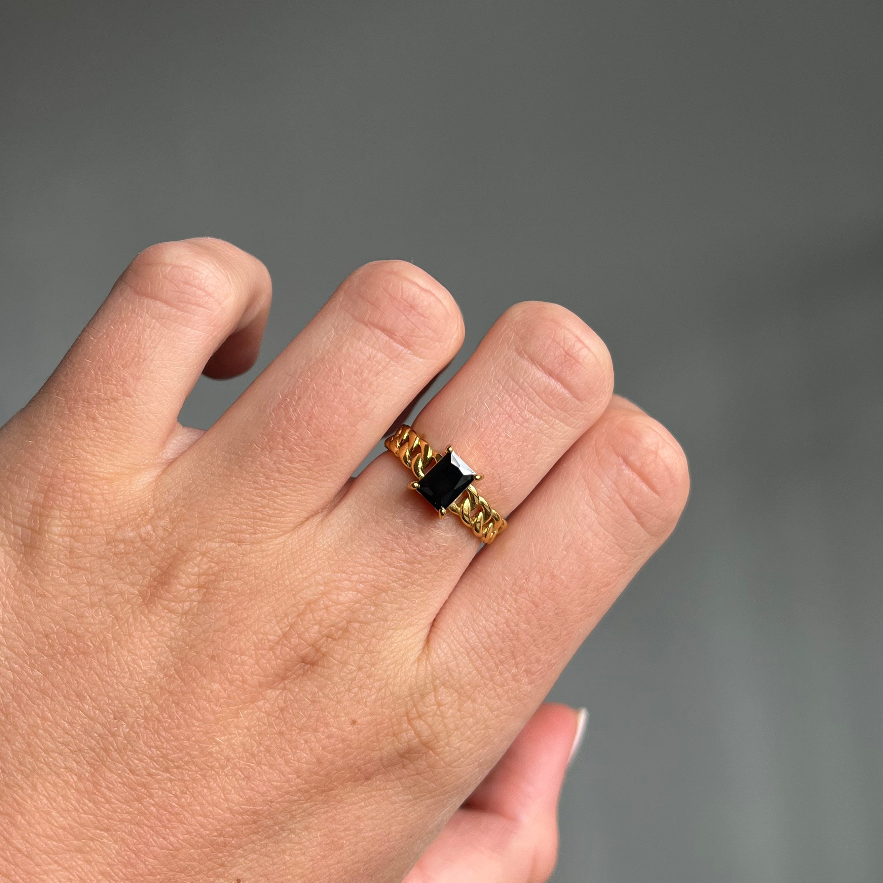 18K Gold Black Onyx Ring, Thick Link Chain Ring, Black