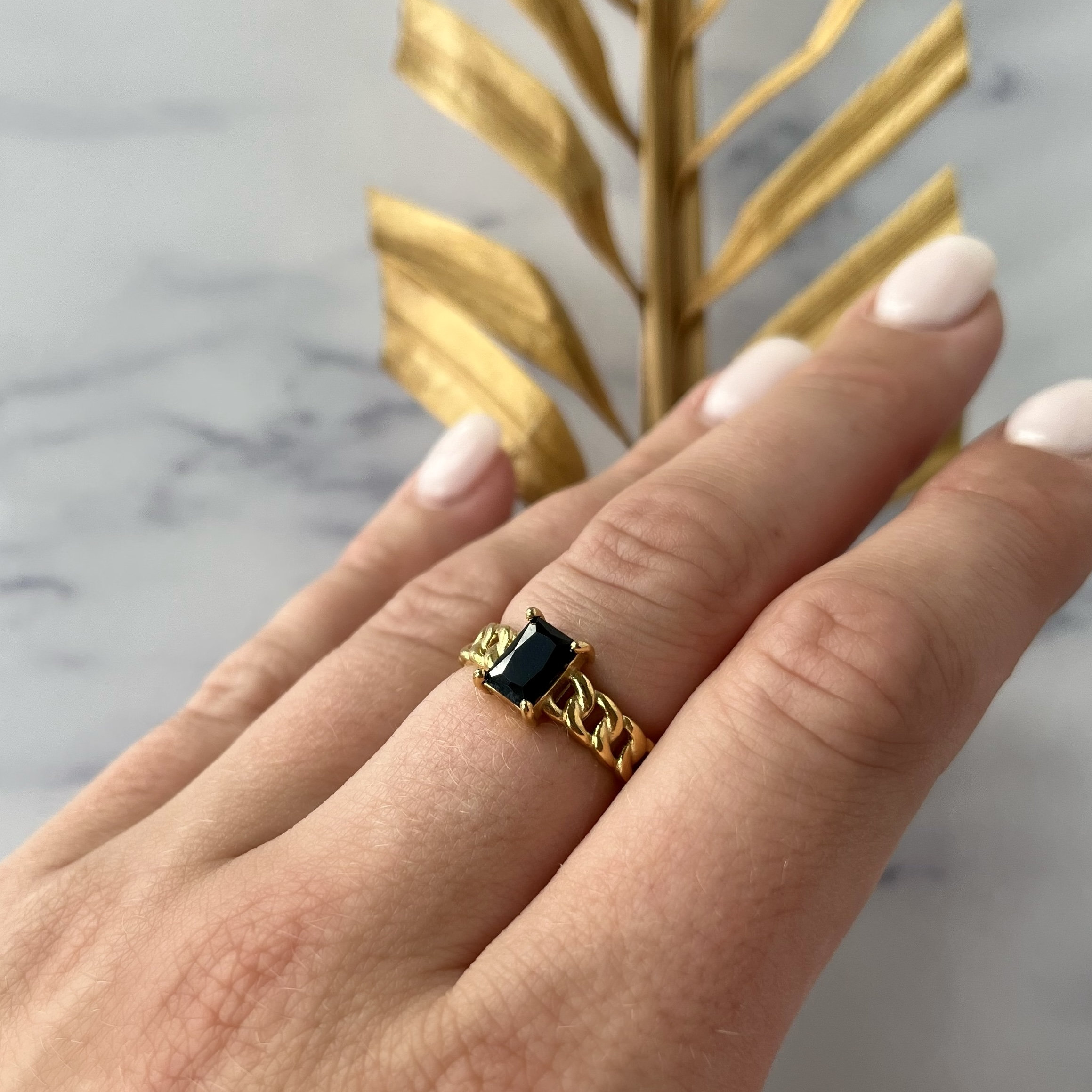 18K Gold Black Onyx Ring, Thick Link Chain Ring, Black