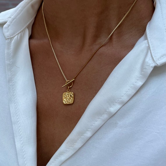 18K Gold T Bar Necklace, Gold Textured Toggle Bar Necklace, Hammered Square Pendant, Layering Necklace, Toggle Clasp Necklace, Minimalist - Etsy UK