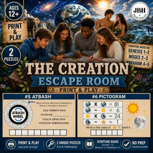 May include: A printable escape room game titled The Creation Escape Room featuring two puzzles, Atbash and Pictogram. The design includes a central image of four people working at a table, set against a backdrop of Earth, space, and nature scenes.