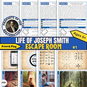 Puede incluir: Un juego de escape room imprimible y colorido para niños con un retrato de Joseph Smith, el fundador del movimiento de los Santos de los Últimos Días. El juego incluye rompecabezas, códigos y una rueda decodificadora. El título del juego es "Life of Joseph Smith Escape Room #1".