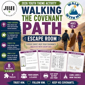 Könnte beinhalten: Ein Escape-Room-Set zum Jugendthema 2026 mit dem Titel Walking the Covenant Path. Die Grafik enthält Text, Symbole und vier Beispiel-Rätselblätter, darunter eine Textnachricht, eine Pigpen-Chiffre, ein Auswahlspiel und ein Wortsuchrätsel.
