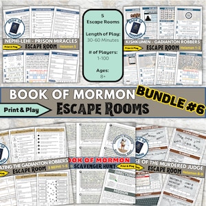 Könnte beinhalten: Ein Bundle von Print-and-Play-Escape-Room-Spielen. Die Spiele basieren auf dem Buch Mormon und beinhalten Rätsel und Herausforderungen. Das Bundle enthält 5 Escape Rooms mit Spielzeiten von 30-60 Minuten, für 1-100 Spieler, ab 8 Jahren.