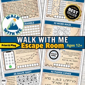 May include: A printable Walk With Me escape room game for ages 12 and up, featuring multiple activity sheets with puzzles, word mazes, an Atbash wheel, and a pigpen cipher. The pages include text, footprints, and a smartphone icon graphic.