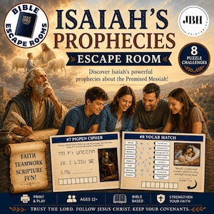 Puede incluir: Un juego de escape imprimible titulado Isaiah's Prophecies que presenta 8 desafíos de rompecabezas. El juego incluye tarjetas para un cifrado Pigpen y una actividad de vocabulario, diseñado para mayores de 12 años, centrado en temas bíblicos.