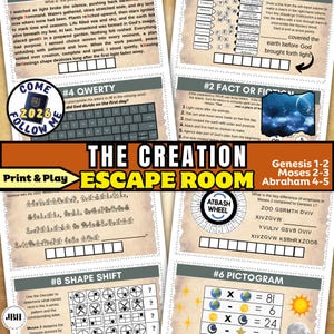 May include: A colorful educational game titled "The Creation Escape Room" with various puzzles and text. Includes a keyboard puzzle, a fact or fiction section, and a shape shift challenge. The game is designed for print and play.