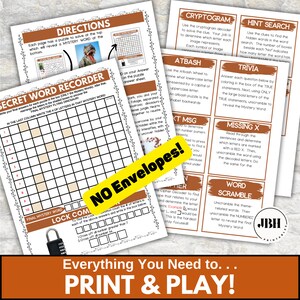 May include: A printable set of games for kids featuring a dinosaur theme. The games include a cryptogram, a word search, a trivia game, a missing letter game, and a word scramble. The games are designed to be printed and played. The text on the page says "No Envelopes!" and "Everything You Need to... Print & Play!"