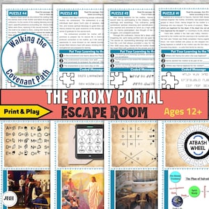 May include: A colorful printable escape room game for ages 12 and up. The game features puzzles, codes, and a map of the covenant path. The game is designed to be played by one or more players. The game includes a variety of puzzles, including a word search, a code breaker, and a logic puzzle. The game is also designed to be educational, teaching players about the covenant path and the plan of salvation.