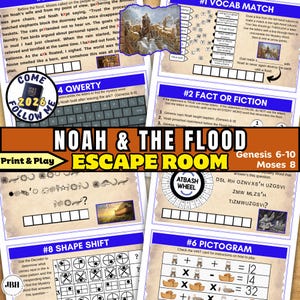 Può includere: Un gioco educativo intitolato "Noah & The Flood Escape Room" con vari enigmi e attività. Il gioco include abbinamenti di vocabolario, fatti o finzione e sfide di cambio di forma. Il testo "Print & Play" è visibile.
