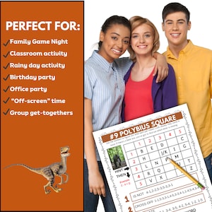 May include: A printable game sheet with a grid and instructions for a Polybius Square cipher. The game sheet is titled "#9 Polybius Square". The sheet is on a table with three teenagers in the background.