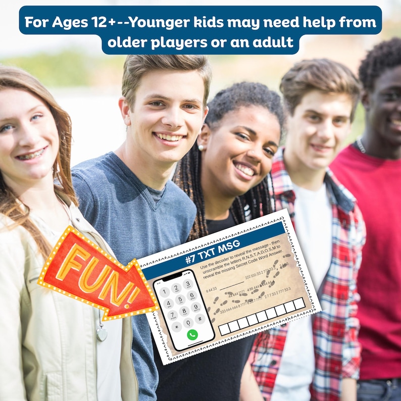 May include: A group of smiling teens holding a game card with a phone graphic and the text "#7 TXT MSG". An arrow with the word "FUN!" points towards the card. The text at the top says "For Ages 12+".