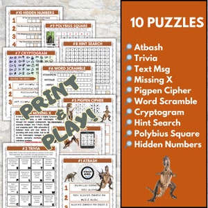 May include: A set of 10 printable dinosaur-themed puzzles for kids. The puzzles include a variety of challenges, such as hidden numbers, word scrambles, and cryptograms. The puzzles are designed to be fun and educational, and they are perfect for kids who love dinosaurs.