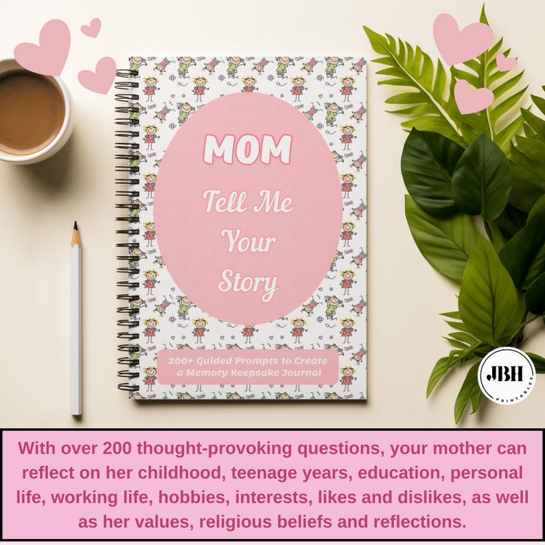 Puede incluir: Un diario de espiral con una cubierta blanca que presenta un patr&oacute;n repetitivo de ni&ntilde;os de figuras de palo coloridas. Un gran &oacute;valo rosa en el centro muestra el texto MOM Tell Me Your Story, con una banda rosa que indica 200+ Guided Prompts.