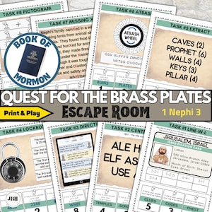 May include: A printable escape room game for kids based on the Book of Mormon. The game features eight tasks, including a lockbox, a direction-based task, a center task, a line-word task, an extract task, an atbash wheel, a missing x task, and a pictogram task. The game is designed to be played by one or more players.