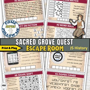 Pode incluir: Um jogo de escape room imprimível para crianças sobre a história da Igreja de Jesus Cristo dos Santos dos Últimos Dias. O jogo apresenta uma variedade de quebra-cabeças, incluindo um labirinto de palavras, um quebra-cabeça de mudança de forma e um decodificador de cifra. O jogo é projetado para ser jogado por um ou mais jogadores e é adequado para crianças de 8 anos ou mais.