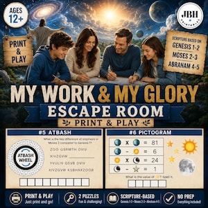 May include: A print and play escape room game titled My Work & My Glory featuring a family working on puzzles. The game includes an Atbash wheel puzzle and a pictogram math puzzle with celestial icons, scripture references, and instructions.