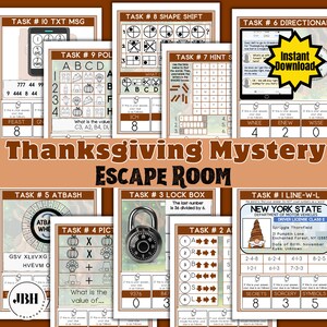 May include: A Thanksgiving-themed escape room game with ten tasks. The tasks include a text message, a shape shift puzzle, a word search, a directional puzzle, an atbash cipher, a picture puzzle, a lock box puzzle, a letter matching puzzle, and a line-word puzzle. The game is designed for children and adults.