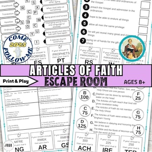Puede incluir: Un juego imprimible "Articles of Faith Escape Room" para mayores de 8 años. El juego incluye varias preguntas y pistas relacionadas con temas religiosos, con un logotipo "Come Follow Me 2025" y una imagen de un hombre con traje.
