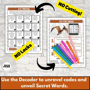 May include: A printable activity sheet with a dinosaur trivia game and a text message decoding activity. The trivia game has a grid with questions about dinosaurs and the text message decoding activity has a grid with numbers and a phone keypad.
