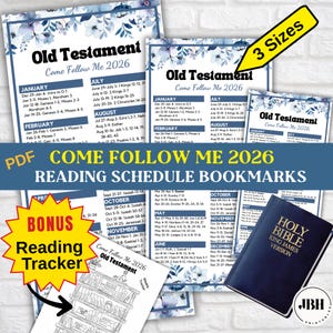 May include: A collection of "Old Testament Come Follow Me 2026" reading schedule bookmarks, with a bonus reading tracker, and a Holy Bible King James Version. The bookmarks are in various sizes and feature monthly reading schedules.