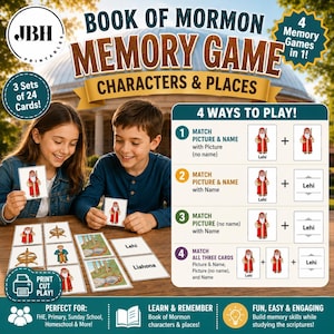 Könnte beinhalten: Ein Buch Mormon Gedächtnisspiel mit Charakteren und Orten, bestehend aus 3 Sätzen mit je 24 Karten. Das Spiel enthält Anleitungen für 4 Spielvarianten, die zeigen, wie man Bilder und Namen zuordnet. Zum Ausdrucken und Ausschneiden zu Hause.