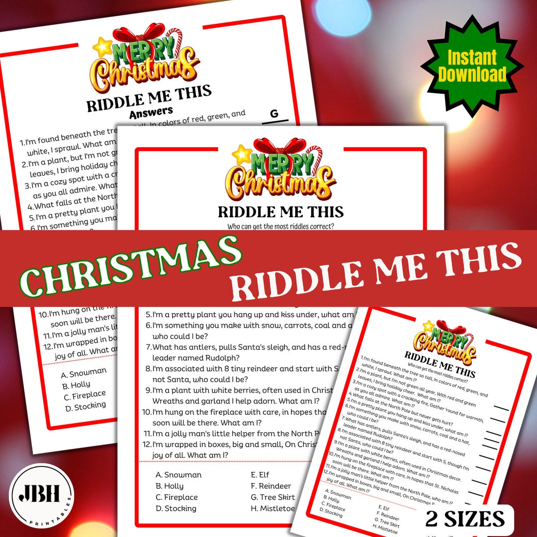 Holiday Riddle Me This Challenge, Printable Christmas Brain Teasers Family Riddle Game, Family