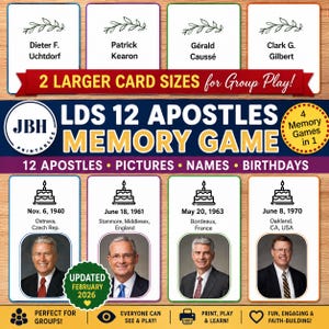 Könnte beinhalten: Ein Memory-Spiel mit Karten, die Namen, Fotos und Geburtsdaten von 12 LDS-Aposteln zeigen. Die Karten enthalten Text wie Dieter F. Uchtdorf, Patrick Kearon, Gérald Caussé, Clark G. Gilbert und LDS 12 APOSTLES MEMORY GAME. Enthält 4 Spiele in 1.