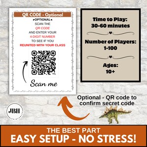 May include: A printable classroom game sign with a QR code, instructions, and information about the game. The sign is brown and white with a black border. The text on the sign reads "QR Code - Optional", "Scan the QR Code and enter your 4-digit number to see if you reunited with your class", "Time to Play: 30-60 minutes", "Number of Players: 1-100", "Ages: 10+", and "Optional - QR code to confirm secret code". The sign also includes a black and white QR code. The sign is on a brown brick background.