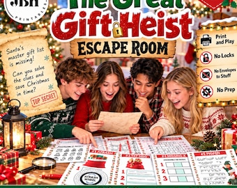Puede incluir: Un juego de escape imprimible titulado The Great Gift Heist con temática navideña. El set incluye hojas de rompecabezas con tareas como ruedas Atbash y sopas de letras, una lupa y un pergamino con texto sobre una lista de regalos perdida.