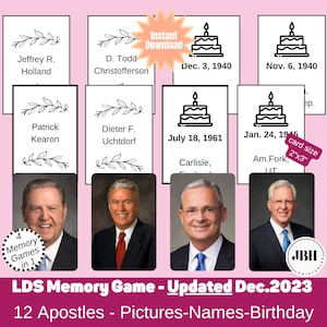 LDS Memory Game - 4 Games in 1 - 12 Apostles Matching Pictures, Names, and Birthdays, Printable LDS Game for Primary and LDS Youth