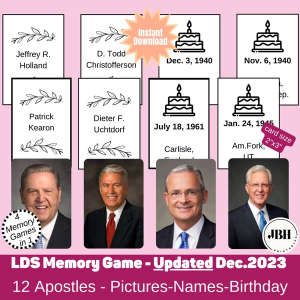 LDS Memory Game - 4 Games in 1 - 12 Apostles Matching Pictures, Names, and Birthdays, Printable LDS Game for Primary and LDS Youth