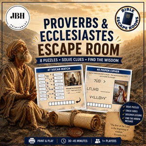 以下が含まれることがあります： 「Proverbs & Ecclesiastes Escape Room」と題された印刷可能な聖書脱出ゲーム。8つのパズル、解くべき手がかり、発見すべき知恵が含まれています。2枚のゲームシート、巻物、箴言9章10節からの引用が記載されています。