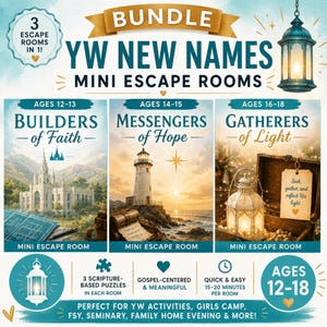 Może przedstawiać: Cyfrowy pakiet trzech mini escape roomów YW New Names dla osób w wieku 12-18 lat. Grafika zawiera tytuły Builders of Faith, Messengers of Hope i Gatherers of Light, ilustracje świątyni, latarni morskiej i lampionu oraz szczegółowe informacje tekstowe.
