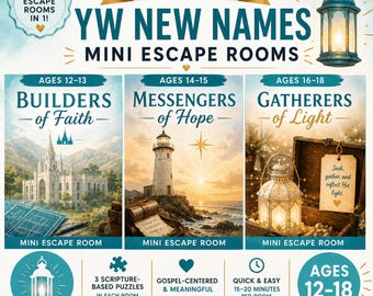 YW New Names Mini Escape Room Bundle, LDS Young Women Activities Ages 12–18, Builders of Faith, Messengers of Hope, Gatherers of Light