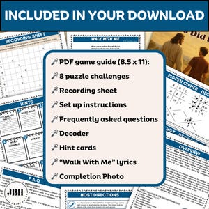 May include: A digital download graphic with the text "INCLUDED IN YOUR DOWNLOAD". It lists a PDF game guide, puzzle challenges, a recording sheet, instructions, FAQs, a decoder, hint cards, lyrics, and a completion photo. The theme is a "Walk With Me" escape room game.