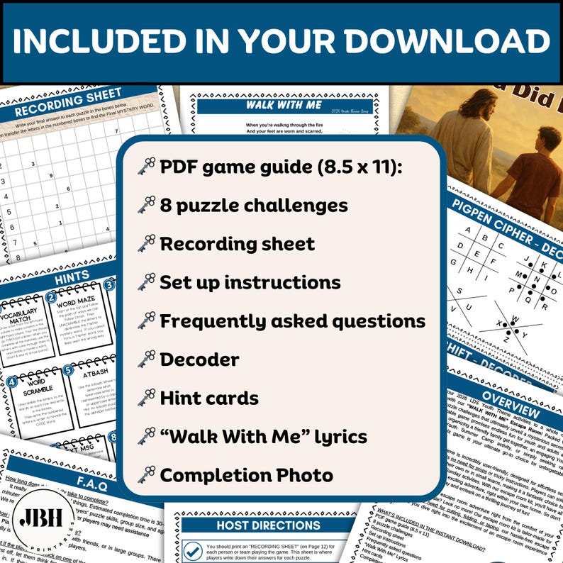 May include: A digital download graphic with the text "INCLUDED IN YOUR DOWNLOAD". It lists a PDF game guide, puzzle challenges, a recording sheet, instructions, FAQs, a decoder, hint cards, lyrics, and a completion photo. The theme is a "Walk With Me" escape room game.
